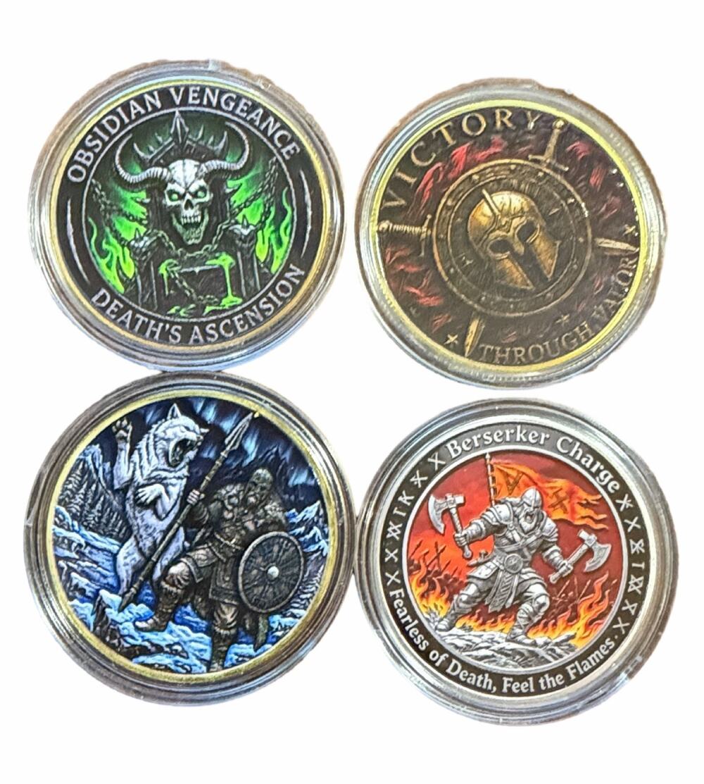 Fantasy Challenge Coin Set 4pc Skull Viking Warrior Valor Gaming Token